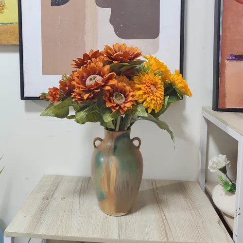Miniatura 7 de Cerámica de Terracota – Jarrón Decorativo Único de Estilo Rústico de 10" con Asa, Jarrón Bohemio Neutro Verde Esmaltado Amarillo Tierra