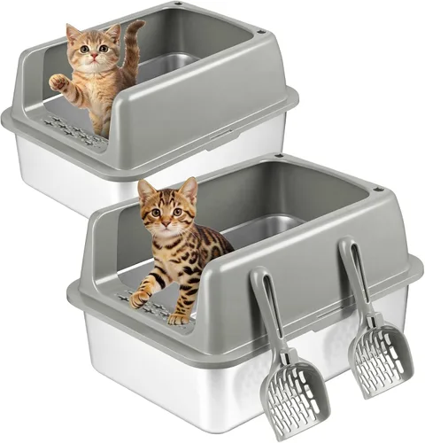 Kirecoo Paquete de 2 cajas de arena de acero inoxidable con tapa, caja de arena de metal cerrado mediano para gatos, bandeja de arena antifugas