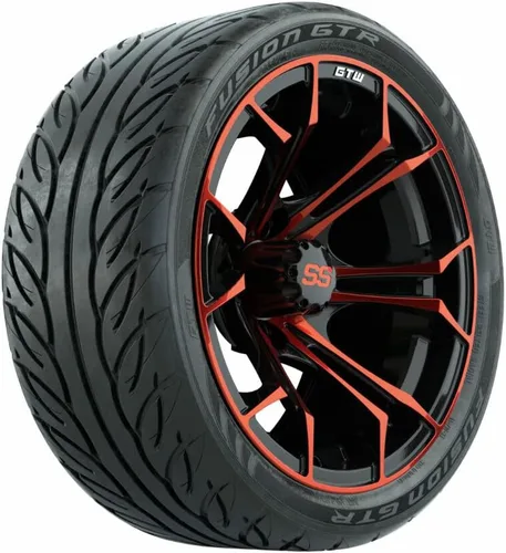 GTW Combo de ruedas y neumáticos para carrito de golf de 14 pulgadas | Ruedas Spyder rojo/negro en neumáticos Fusion GTR Street 205/40-R14 (20.5