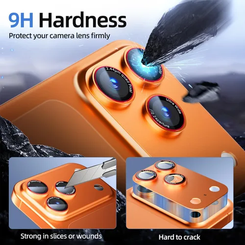 Miniatura 2 de HelloDeere Protector de lente de cámara de vidrio templado de alta alúmina 9H para iPhone 17 Pro Max, grado militar inastillable con fuerte naranja