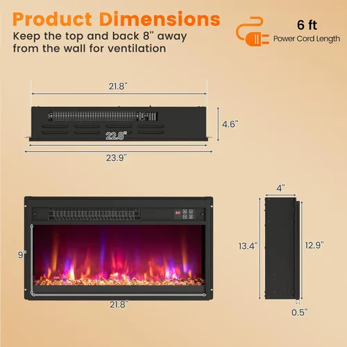 Miniatura 5 de Tangkula Inserto de chimenea eléctrica de 23", calentador de chimenea empotrado de 1500W con control remoto, temporizador de 0.5-9H, color de llama