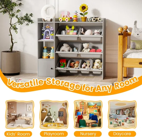 Miniatura 8 de HONEY JOY Organizador de almacenamiento de juguetes para niños, armario de madera de 44 pulgadas de largo con 8 contenedores extraíbles, estantes