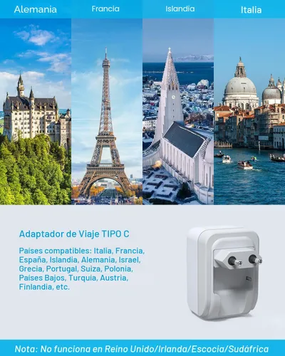 Miniatura 3 de VINTAR - Paquete de 1 adaptador de enchufe de viaje europeo, enchufe de alimentación internacional plegable con 2 salidas de CA, 3 puertos USB
