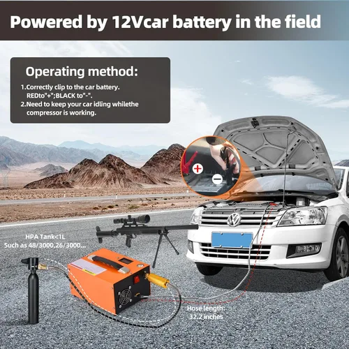 Miniatura 4 de Compresor de aire PCP, 4500 PSI/30 MPa, Fuente de alimentación dual 12V CC/110V CA, Bomba de inflado rápido sin aceite, Compresor de aire portátil