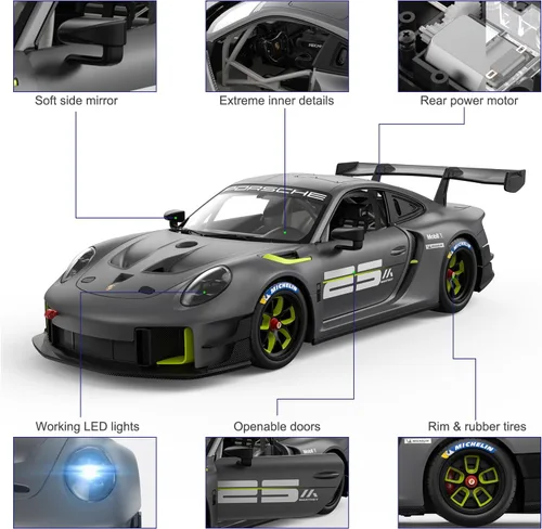 Miniatura 6 de RASTAR Coches RC 1/14 Porsche 911 GT2 RS Clubsport 25 Auto de juguete Porsche con control remoto para niños, gris 2.4GHz