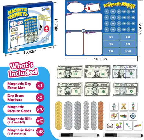 Miniatura 6 de Kasfalci 73 piezas de dinero magnético para niños para aprender, manipuladores de matemáticas, juguetes de aprendizaje y educación para aula