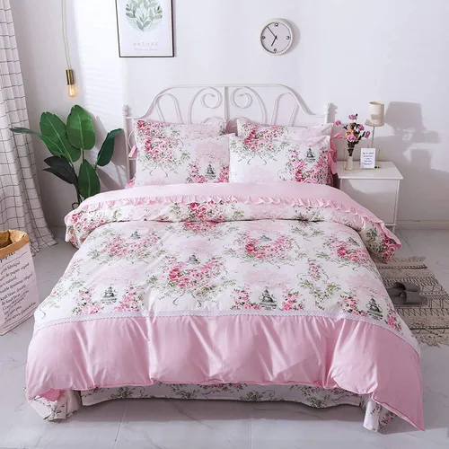 FADFAY Juego de ropa de cama con funda de edredón floral de rosetón para niñas, 100% algodón, ultra suave, 7 piezas (1 funda de edredón + 1 sábana