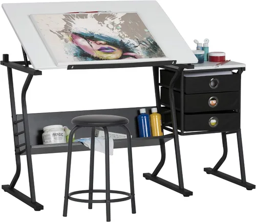 Miniatura 10 de Eclipse Ultra - Mesa de dibujo con taburete, parte superior ajustable en ángulo, estantes de almacenamiento y cajones de 2 piezas