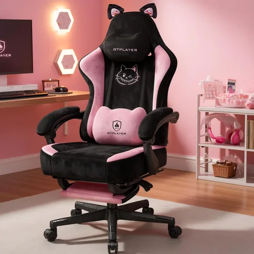Miniatura 2 de GTPOFFICE Linda silla de juegos con orejas de gato, silla ergonómica de computadora con reposapiés, soporte lumbar de pata de gato, cómoda silla