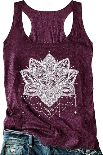 Camiseta sin mangas de espalda cruzada para mujer, con estampado de mandala vintage, corte suelto, cuello redondo, estilo informal de verano,