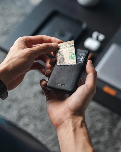 Miniatura 4 de VULKIT Cartera desplegable con ranuras de cuero extra con bloqueo RFID, funda delgada de metal para tarjetas, Negro