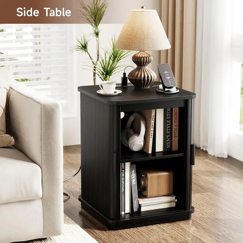 Miniatura 7 de ONBRILL Mesa auxiliar cuadrada con estación de almacenamiento y carga, mesa auxiliar acanalada con puerta corredera y pedestal resistente, mesita