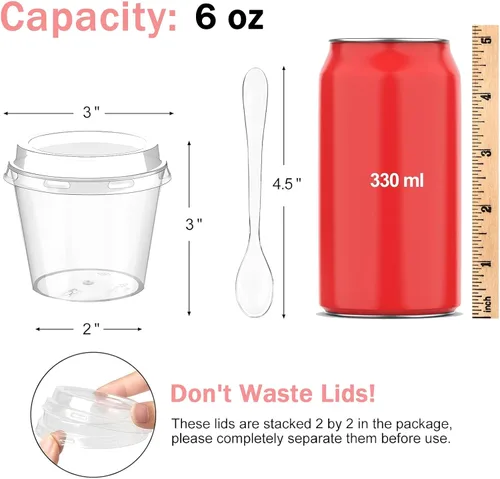Miniatura 2 de Paquete de 50 mini tazas de postre de 6 onzas con tapas altas y cucharas, tazas pequeñas de plástico para tartas, tazas redondas para servir parfait