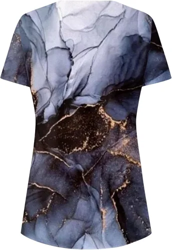 Miniatura 3 de KINGOLDON Camisas de manga corta para mujer, camisetas de verano con estampado de moda, blusas sueltas de manga corta con cuello redondo y abertura