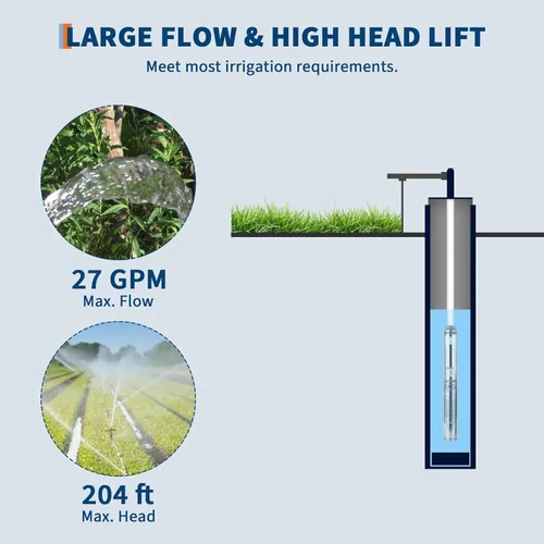 Miniatura 4 de Bomba sumergible de pozo profundo, 1HP 110V/60Hz, flujo de 27GPM 204 pies, con cable eléctrico de 33 pies y válvula de retención, bomba de pozo