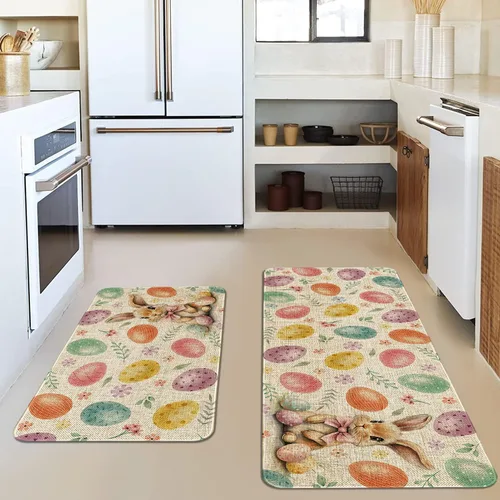 Miniatura 5 de Juego de 2 alfombras de cocina de Pascua, decoración de cocina de Pascua, huevos coloridos para piso, tapete de 17 x 30 pulgadas + alfombra