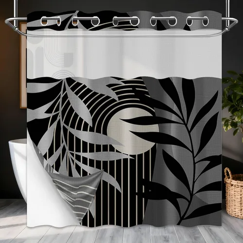 Miniatura 60 de Cortina de ducha bohemia en negro y gris, cortinas de ducha modernas de mediados de siglo negro y gris para baño, juego de tela impermeable
