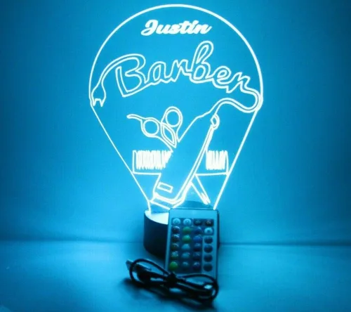 Miniatura 5 de Barbería peluquería corte peine silla tijeras afeitado hombres noche luz LED grabado personalizado nombre personalizado escritorio lámpara de mesa