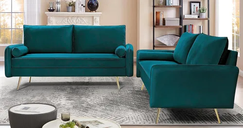 Miniatura 4 de Container Furniture Direct Juego de sofá de terciopelo inspirado en Chesterfield de 2 piezas con patas oblicuas de metal dorado, azul verdoso