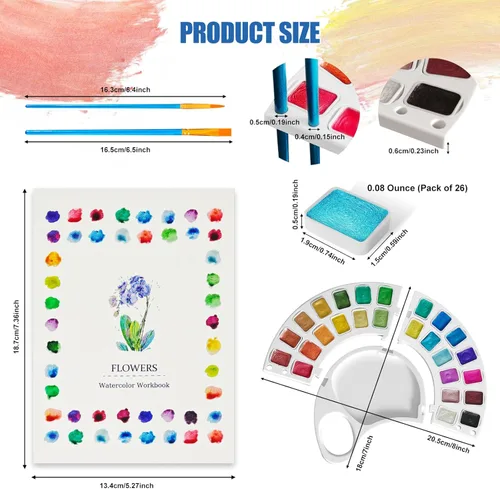 Miniatura 2 de Libro de trabajo de acuarela, libro para colorear al agua con 13 páginas de papel de 300 GSM, juego de pintura de acuarela de 26 colores con pincel
