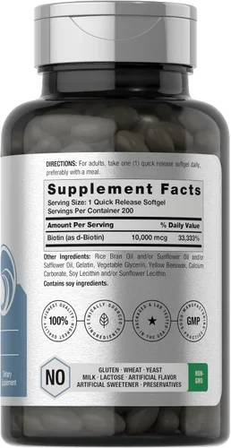Miniatura 2 de Horbäach Biotin 10000 mcg 200 cápsulas blandas con vitamina B7 Suplemento de fórmula de belleza Sin OMG y sin gluten
