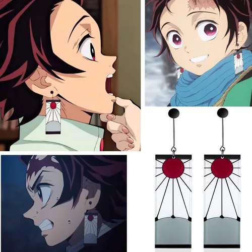 Miniatura 3 de Aretes de plata de ley 925 Tanjiro de anime Demon Slayer Cosplay Tanjiro aretes negros con clip de oreja Kimetsu No Yaiba Hanafuda Halloween