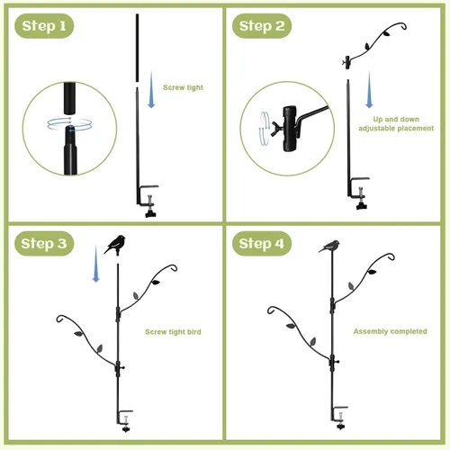 Miniatura 7 de Comedero para pájaros de cubierta con múltiples ganchos y ramas ajustables para porche Poste comedero para pájaros de cubierta-Negro