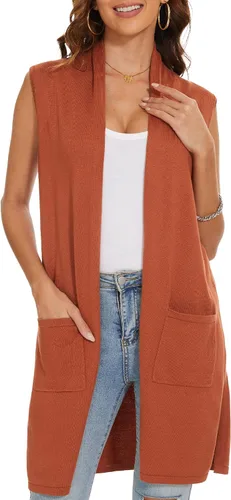 INKOFF Chaleco de punto largo para mujer, sin mangas, con bolsillos, frente abierto, drapeado, chaleco casual
