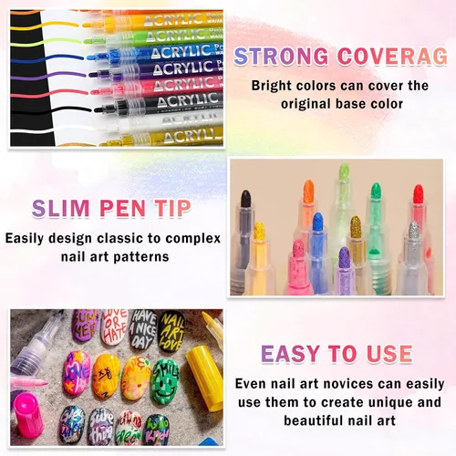 Miniatura 3 de IONSGAKO Juego de bolígrafos de arte de uñas de 12 colores, bolígrafos de esmalte de uñas, bolígrafo de dibujo de arte de uñas, secado rápido
