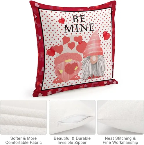 Miniatura 4 de Farmhouse Linen Cushion Cover Case for Living Room Bedroom Decor Be Mine Valentine's Day Red Pink Love Hearts Gnome Decorative Pillow Case with
