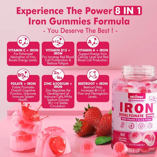 Miniatura 4 de Gomitas de hierro para mujeres y hombres, gomitas de bisglicinato de hierro de 26 mg, más vitamina C, folato, raíz de remolacha, B12 y zinc