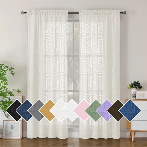 Miniatura 25 de Simplebrand Cortinas traslúcidas negras de cocina de 24 pulgadas de largo, 2 paneles, filtrado de luz, geométrico jacquard con textura, cortinas