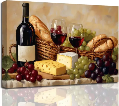 Miniatura 8 de XLMDYYSW Arte de pared vintage para cocina, imagen rústica de vino tinto y uva, pintura de queso de granja, botella de vino, impresiones en lienzo