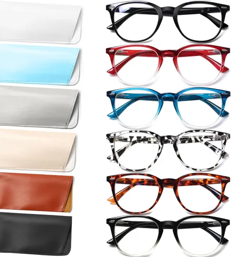 Miniatura 8 de Henotin - Paquete de 6 lentes de lectura para hombres y mujeres, con bloqueo de luz azul, elegantes, para computadora, con estuche de cuero Mezcla