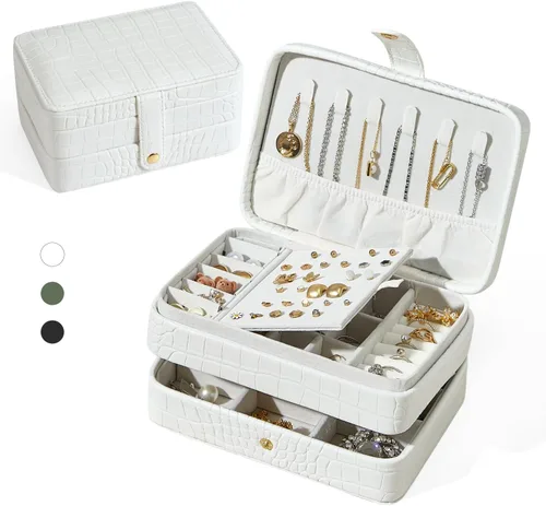 Joyero pequeño de piel sintética para mujeres y niñas, estuche de joyería portátil de viaje de doble capa para anillo, colgante, aretes, collar,