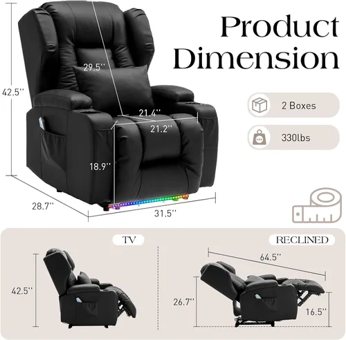 Miniatura 2 de Sillas reclinables eléctricas para adultos con masaje y calor, silla reclinable individual de piel sintética, sofá reclinable reclinable para cine