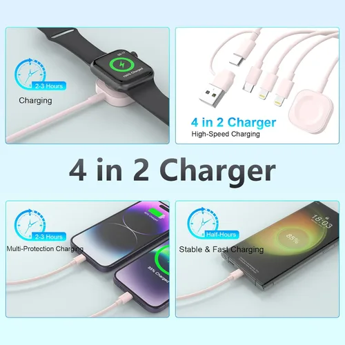 Miniatura 2 de Cable de carga 4 en 2 iWatch para reloj y iPhone, cable de carga de 6 pies/5.9 ft, combo de cargador para iPhone y reloj, cable de carga múltiple