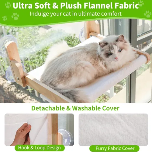Miniatura 3 de Percha de Ventana para Gatos con Marco de Madera – Cama Hamaca Plegable para Gatos Aloxina para Gatos de Interior, Cubierta de Piel de Conejo Suave