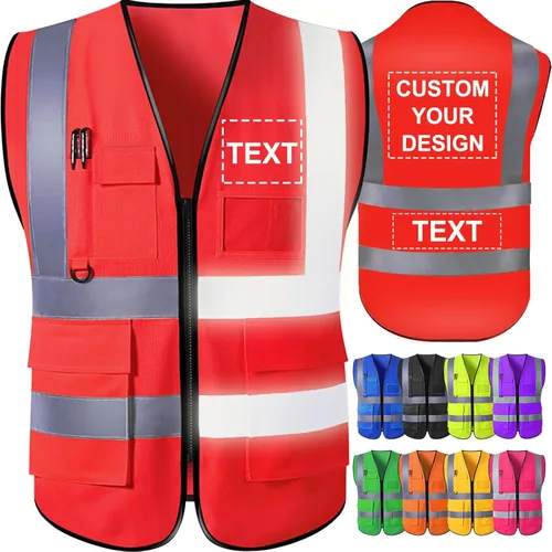 Miniatura 8 de Chaleco de seguridad personalizado para hombre con bolsillos con logo, chalecos reflectantes de alta visibilidad para construcción, ropa de Naranja
