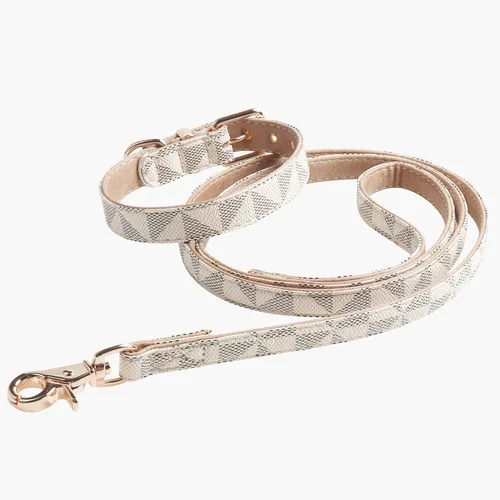 Miniatura 6 de Collar de cuero para perro y correa de 4 pies, collar básico ajustable con patrón de campana a cuadros, collar y correa de cuero duradero