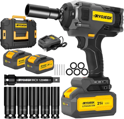 RYOJEGK Llave de impacto inalámbrica de 922 pies-libra, pistola de impacto sin escobillas de 1/2" de 1250 N.m con 2 baterías de 4.0Ah,