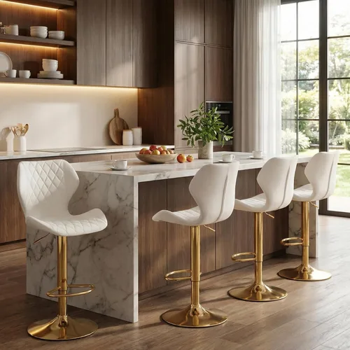 Miniatura 8 de CIMOTA Juego de 2 taburetes de bar giratorios de terciopelo blanco, sillas de bar de altura de mostrador con respaldo/base dorada, silla moderna