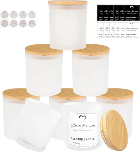CONNOO Paquete de 8 frascos de vela de vidrio esmerilado de 14 onzas con tapas de bambú para hacer velas, frascos de vela vacíos de gran tamaño con