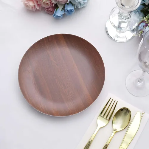 Miniatura 8 de Efavormart - Paquete de 6 platos de postre de melamina marrón rústico de 8 pulgadas, platos de ensalada con estampado de grano de madera resistente