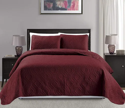 Colección Mk King/California King Tamaño Extra Grande 118"x106" Colcha Cobertor de Cama de 3 Piezas con Diseño de Diamantes Realzado Sólido Borgoña