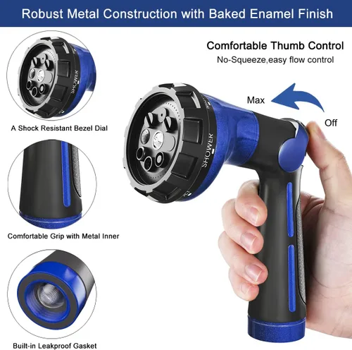 Miniatura 3 de FANHAO Boquilla de manguera de jardín, rociador de manguera de agua de metal 100% resistente con 8 patrones de pulverización, boquilla de Azul