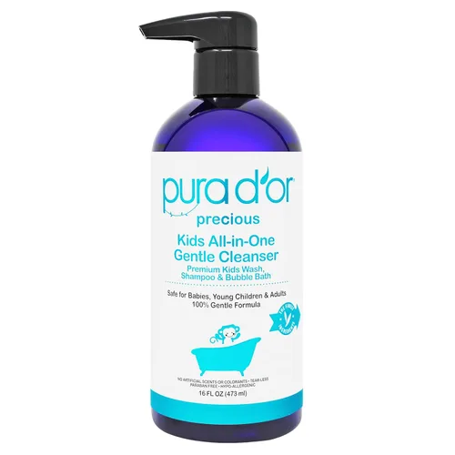 PURA D'OR Lavado para niños de 16 onzas – Limpiador suave todo en uno – Base biológica USDA, sin sulfatos, sin desgarros, hipoalergénico, premium,