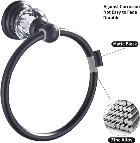 Miniatura 3 de Anillo de toalla de cristal negro, soporte para toallas de baño, negro mate, soporte para toallas de baño, soporte para toalla de mano para baño