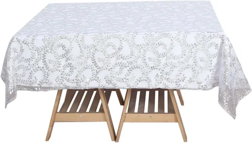 Miniatura 6 de Efavormart - Superposición de mesa de tul bordado de hojas de lentejuelas plateadas de 72 x 72 pulgadas, mantel cuadrado transparente Plateado