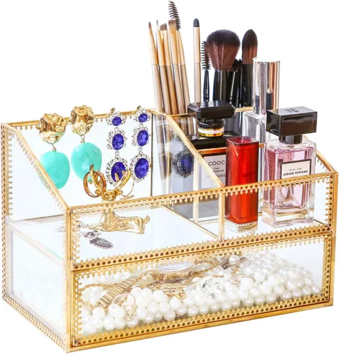 Caja de cristal dorada, bandeja de vidrio, organizador de exhibición de maquillaje en la cómoda, almacenamiento cosmético multifuncional para